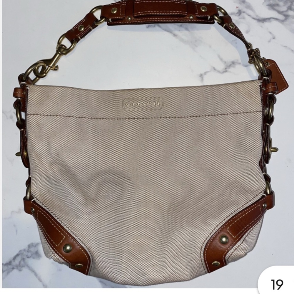 VINTAGE COACH CARLY BEIGE CANVAS BROWN LEATHER TRIM Y2K SHOULDER HOBO BAG 10449